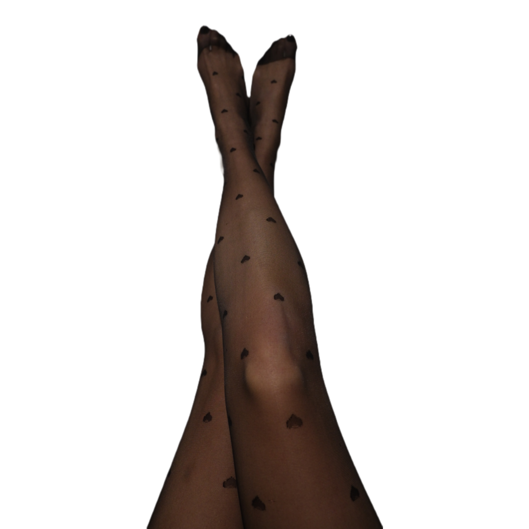 Heart print tights worn – sheer 10D hosiery by Maison Pablo