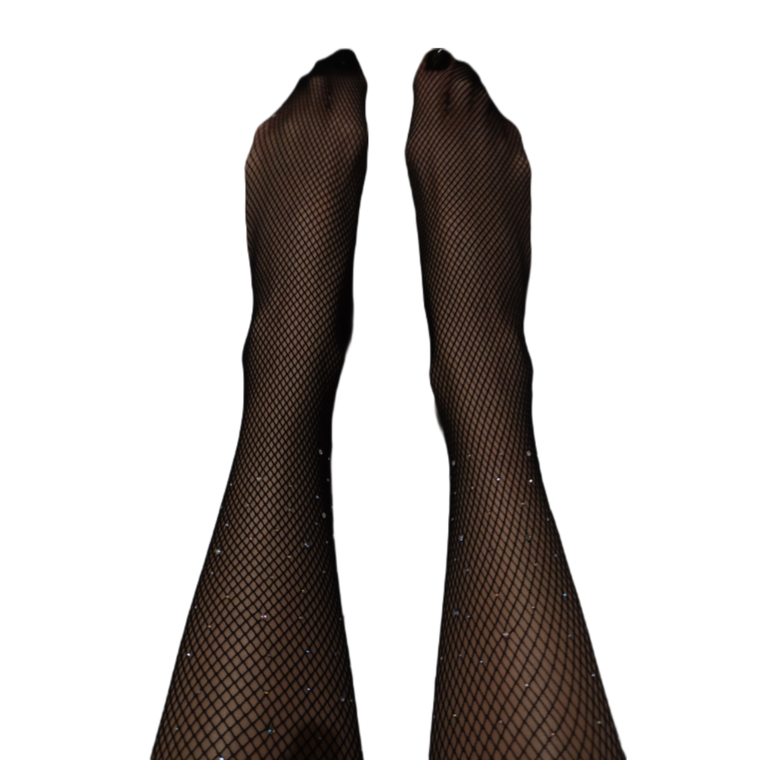 Black crystal net tights worn – embellished hosiery by Maison Pablo